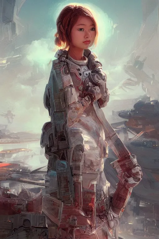 Image similar to portrait futuristic asian airforce girl, looking at the camera, in future airport rooftop , sci-fi, fantasy, intricate, very very beautiful, elegant, human anatomy, neon light, highly detailed, digital painting, artstation, concept art, smooth, sharp focus, illustration, art by tian zi and WLOP and alphonse mucha