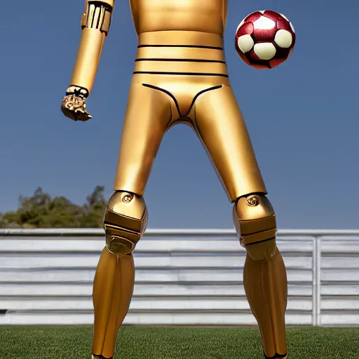 Prompt: a realistic detailed photo of a guy who is an attractive humanoid who is half robot and half humanoid, who is a male android, soccer player cristiano ronaldo, shiny skin, posing like a statue, blank stare, by the pool, on display, showing off his muscles, humanoid robot, gold soccer shorts