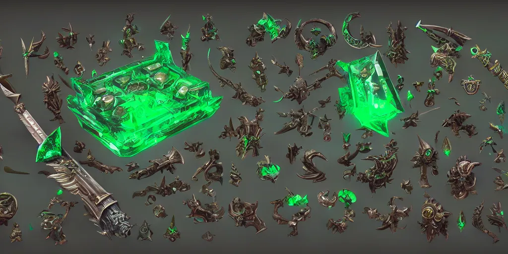 Prompt: fantasy world of warcraft weapons and treasure, green emerald, crystal, magic, hard surface, collection, kitbash, parts, artstation, 8k, Shape and form