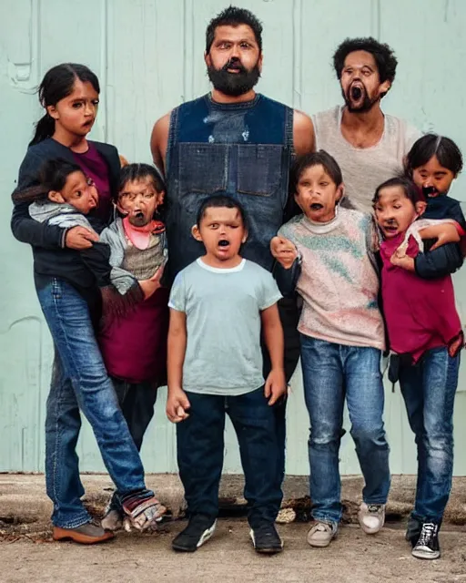 Prompt: a man with five children protecting his pair of jeans and screaming