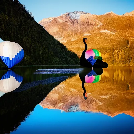 Image similar to photo of two black swans touching heads in a beautiful reflective mountain lake, a colorful hot air balloon is flying above reflecting off water, hot air balloon, intricate, 8k highly professionally detailed, centered, HDR, CGsociety