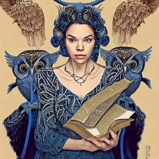 Image similar to a portrait of a older anya taylor - joy as the goddess minerva surrounded by stacks of books, owls, bioluminescent gown with deep level of detail of esoteric symbols, urban motifs, intricate, elegant, highly detailed, digital painting, trending on artstation, smooth sharp focus, illustration, art by artgerm and greg rutkowski