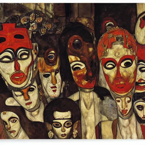 Prompt: carnival masks in narrow crowded streets of Rome, by Egon Schiele