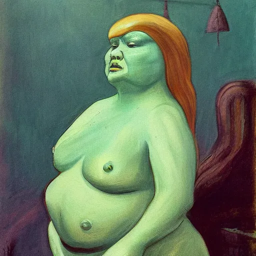Prompt: Painting of jabba the hutt underwater, long blonde hair, delicate, pale slime green skin, by Edward Hopper. 8K. Extremely detailed.