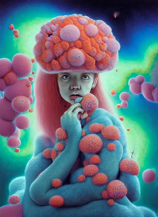 Prompt: hyper detailed 3d render like a Oil painting - kawaii portrait Aurora (coral haired Singer Ferret) seen Eating of the Strangling network of yellowcake aerochrome and milky Fruit and Her delicate Hands hold of gossamer polyp blossoms bring iridescent fungal flowers whose spores black the foolish stars by Jacek Yerka, Mariusz Lewandowski, Houdini algorithmic generative render, Abstract brush strokes, Masterpiece, Edward Hopper and James Gilleard, Zdzislaw Beksinski, Mark Ryden, Wolfgang Lettl, hints of Yayoi Kasuma, octane render, 8k