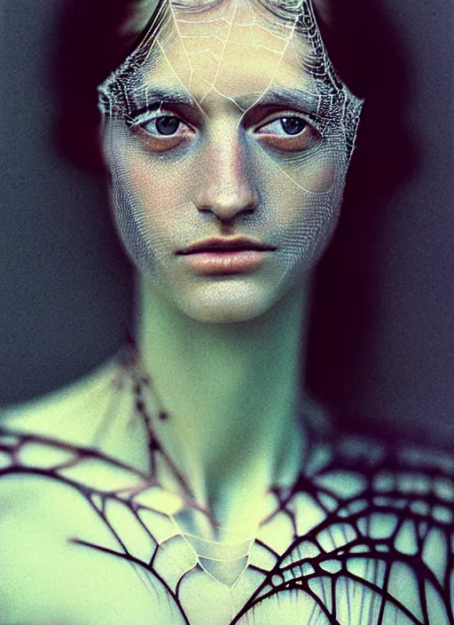 Image similar to Kodak Portra 400 of a beautiful woman, highly detailed, young robin write style 3/4 , fine art portrait photography by Paolo Roversi, face and body merging with opalescent spiderwebs with drops, elegant bust and neck with intricate spiderwebs details, symbolic metamorphosis complex 3d render , 150 mm lens, art nouveau fashion embroidered, elegant, hyper realistic, ultra detailed, octane render, soft colours scheme, emotionally evoking, head in focus, fantasy, soft blur background light, volumetric lighting, Refined, Highly Detailed, fine art fashion magazine style, 8k post production