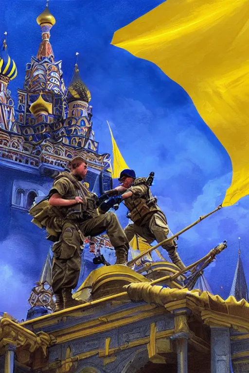 Prompt: special forces soldier installin ukrainian blue and yellow flag on red square kremlin, masculine figure, d & d, fantasy, bright atmosphere, volumetric lights, intricate, elegant, extremely detailed, digital painting, artstation, concept art, matte, smooth, sharp focus, hyper realistic, illustration, art by artgerm and greg rutkowski and alphonse mucha