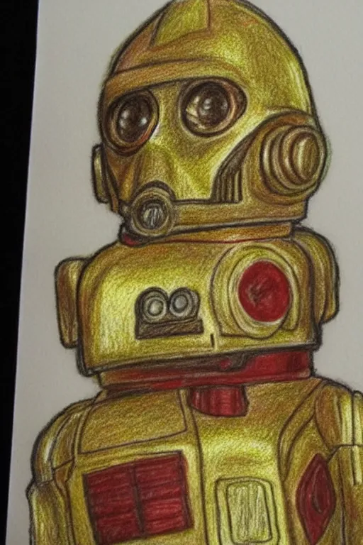 Prompt: c 3 po as drawn by a 5 - year old child, crayon