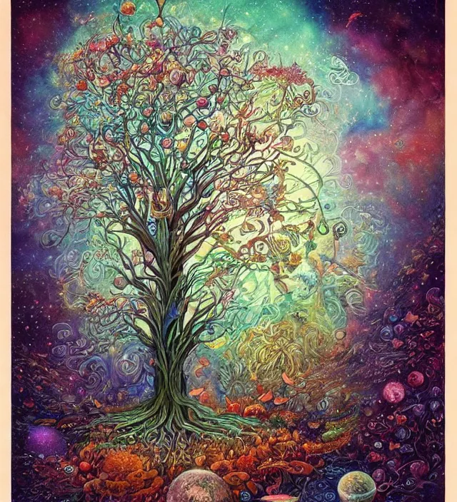 Prompt: the cosmic tree of life absorbs all galactical and masonic energy fields by daniel merriam, deep and rich colours,