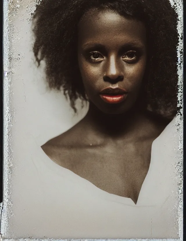 Prompt: polaroid photo with flash, portrait of a dark skin woman in top, polaroid photo bleached strong lights, kodak film stock, hyper real, stunning moody cinematography, with anamorphic lenses, by maripol, detailed
