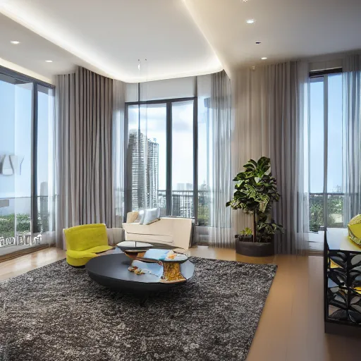 Prompt: a Photorealistic hyperrealistic interior render of a bright beautifully decorated modern duplex apartment overlooking a megapolis,Nikon Z7, ISO 64,Nikkor 20mm f1.8 lens,aperture f/9,exposure 1/40secs