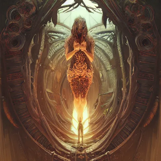 Image similar to hyper realistic portrait of a Necronomicon demon character in a hell portal in a film, art by artery and Greg Rutkowski and alphonse mucha, sci-fi, fantasy, intricate, ornate, very very beautiful, elegant, highly detailed, digital painting, artstation, concept art, smooth, sharp focus, illustration
