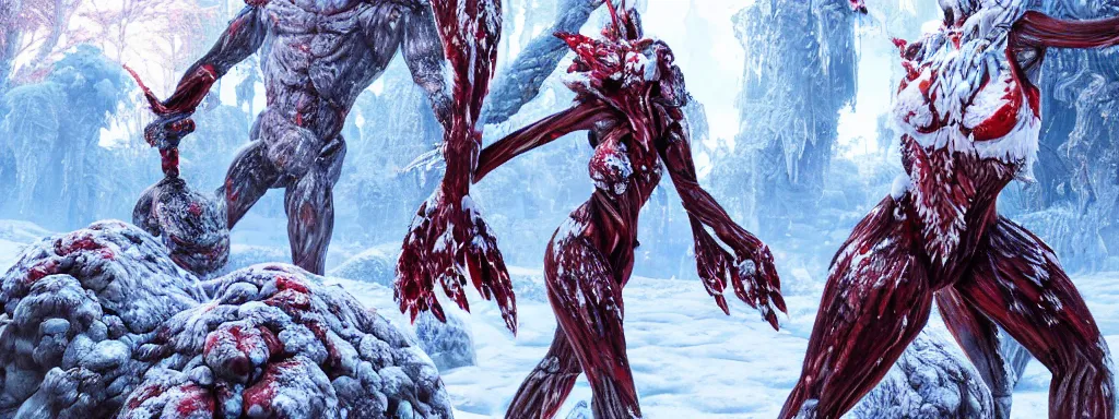 Image similar to muscular frosty warrior woman made of ice, walking in a dense alien snow covered frosty jungle, with snow covered colourful red, blue and purple plants, large vines, snow covered arched organic rock structures, in the style of monster hunter world, like concept art on artstation, hyperdetailed, vray render, octane render,