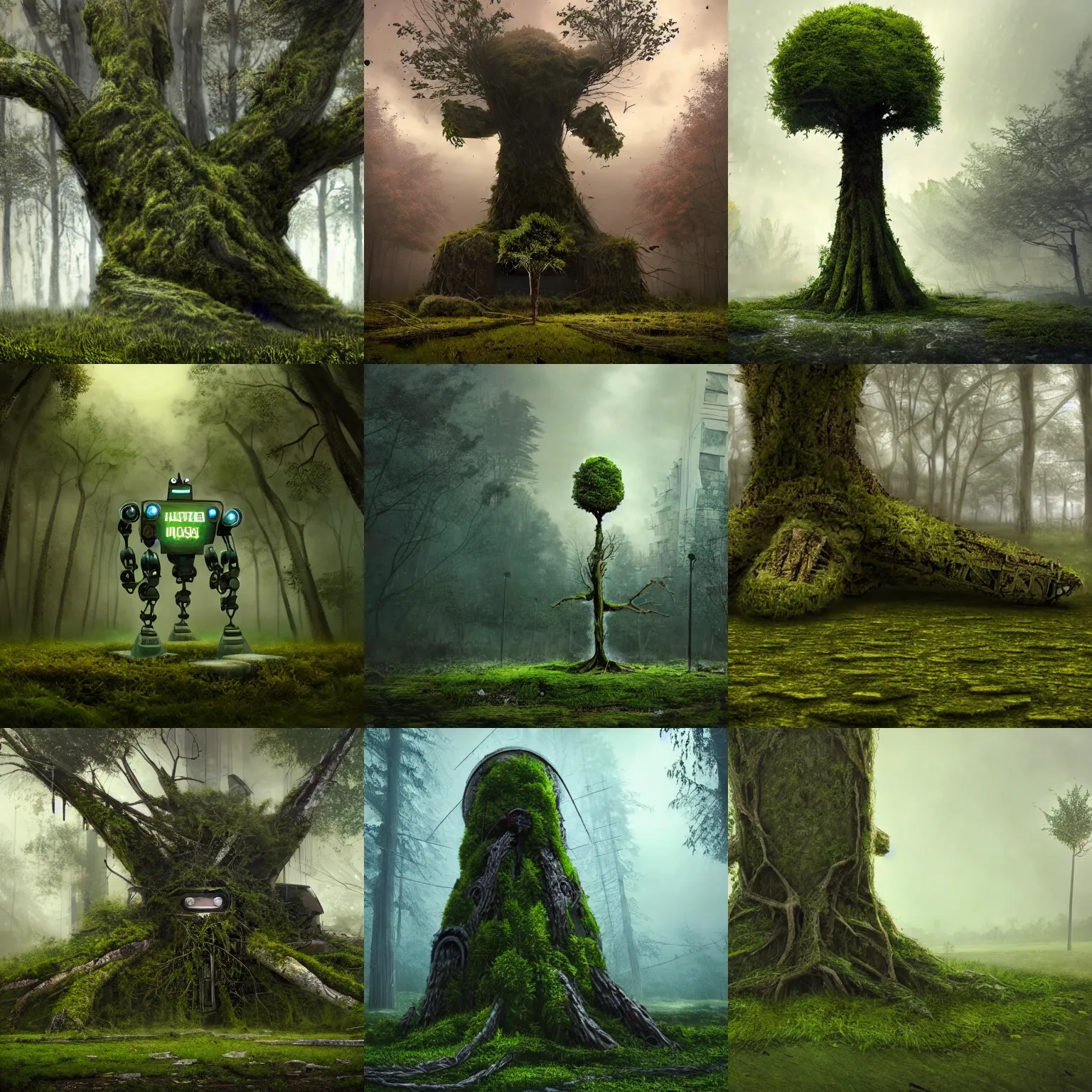 Prompt: abandoned large robot with a tree growing into it, nature taking over, destroyed modern buildings, fall of humanity, moss, trees, digital art, illustration, realistic detail, godrays, particles, wide shot, low angle, cinematic lighting, raining, fog