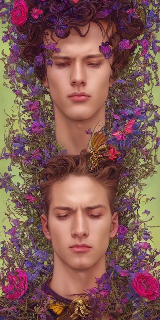 Prompt: handsome, young man, eden, intense eyes, tears running down, crying, vaporwave aesthetic, synthwave, colorful, psychedelic, crown, long gown, flowers, bees, butterflies, ribbons, ornate, intricate, digital painting, artstation, concept art, smooth, sharp focus, illustration, art by artgerm and greg rutkowski and alphonse mucha