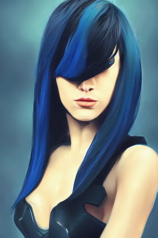 Image similar to a stunning upper body portrait of a beautiful young woman wearing futuristic deep black battle bodyarmor with ombre navy blue teal hairstyle blowing in the wind by marvel comics, digital art, trending on artstation