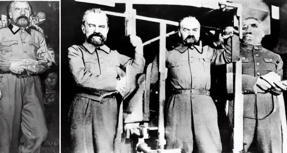 Prompt: photo in color, stalin and lenin in the gym, clear photo