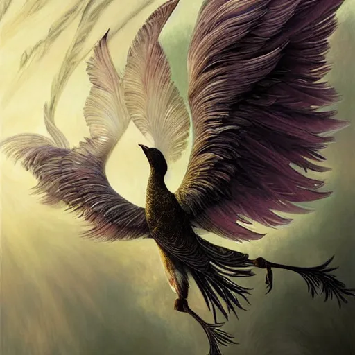 Image similar to feathered bird, covered in feathers, wings, flying, surreal, fantasy, intricate, elegant, dramatic lighting, emotionally evoking symbolic metaphor, highly detailed, lifelike, photorealistic, digital painting, artstation, concept art, smooth, sharp focus, illustration, art by John Collier and Krenz Cushart and Artem Demura and Alphonse Mucha and Albert Aublet