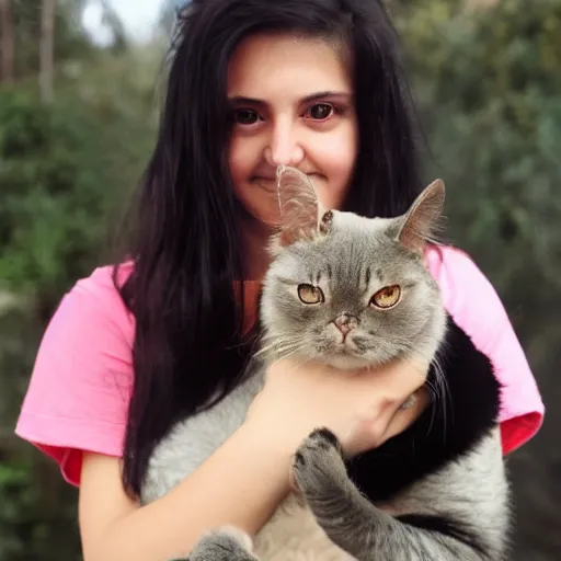 Image similar to a selfie of a a girl with long dark hair holding a cat in her arms, pexels contest winner, rasquache, high quality photo, rtx, hd, shiny eyes, a renaissance painting by sailor moon