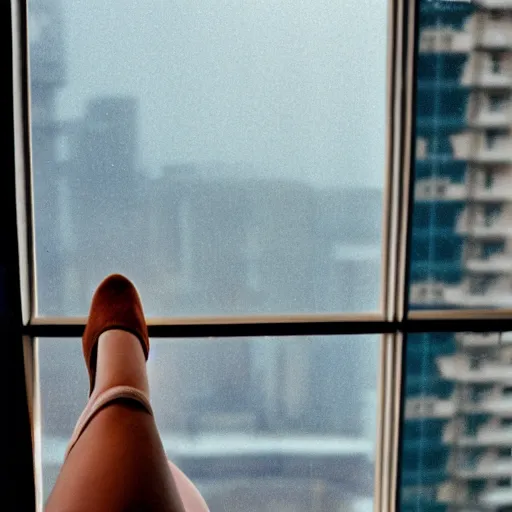 Image similar to woman with her feet on window of high rise condo. Raining outside. Cinestill 800t.