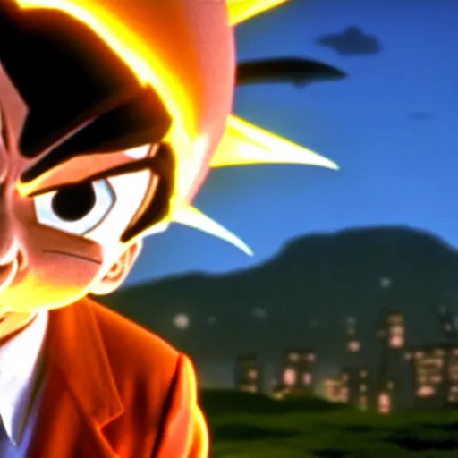 Image similar to mr. bean as goku from dragonball z. movie still. cinematic lighting.