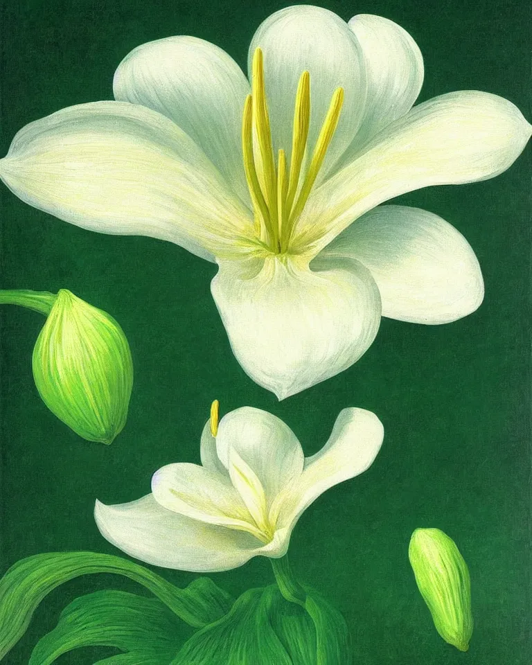 Image similar to achingly beautiful painting of one white lily blossom on green background rene magritte, monet, and turner. piranesi. macro lens.