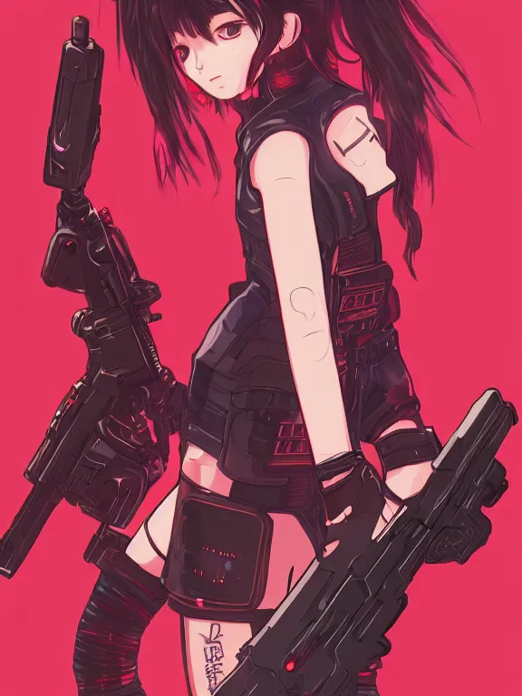 Image similar to a female character with a gun and a red background, cyberpunk art by muqi, featured on pixiv, rayonism, sci - fi, pixiv, official art