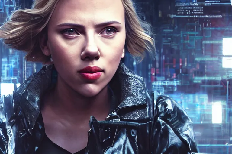 Image similar to Scarlett Johansson deploying code to production high-resolution digital art cyberpunk