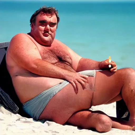 Image similar to john candy is relaxing on the beach, he is rubbing barbeque sauce on his skin. robin williams rubs bbq sauce on hos skin but his arms are too hairy, vacation photo