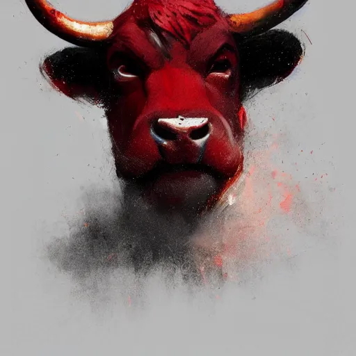 Image similar to a award winnimg commission portrait of a fit anthro bull wearimg a red tracksuit,digital art,art by greg rutkowski,character design by charles bowater,professional character design,ross tran,artstation,deviantart,photorealistic,detailed face,hyperdetailed,4k