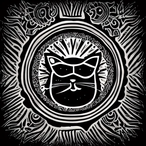 Image similar to tattoo sketch of a one eyed cat, hugging the sun, draft, maori ornament, polinesian style, minimalism, vector