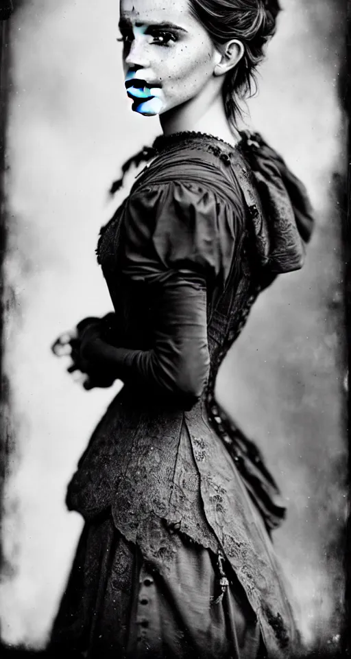 Prompt: a wet plate photograph, a beautiful portrait of Emma Watson dressed in victorian era clothes
