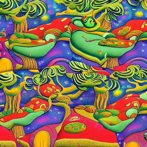 Image similar to psychedelic trippy couch pine forest with woodland critters planets milky way sofa cartoon by carl barks