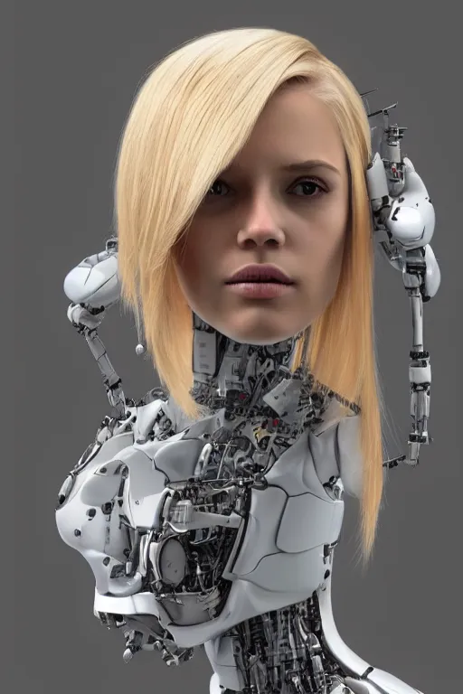 Image similar to robot with human face, female head, full body angle, woman human face, human face realistic, beautiful blonde hair, human head, human head with blonde hair, blonde hair human head, blonde hair, human realistic face, human head skin, cyborg frame concept, cyborg by ales-kotnik, sci-fi android female, the body is made of wires, robotic body, cyborg body, cyborg bust body, robot body cyborg, full body