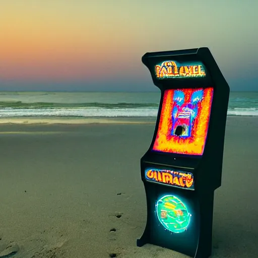 Image similar to a lovely arcade machine on the beach at night. photograph in the style of simon stalenhag