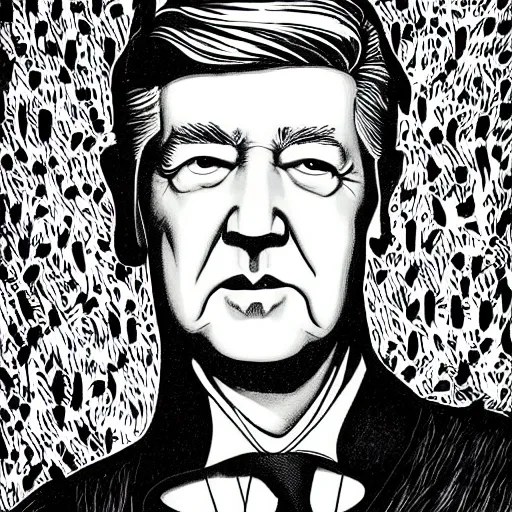 Prompt: portrait of David Lynch by Joe fenton, b&w and yellow