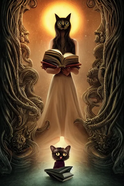 Image similar to romantic photo of bright girl, her cat and her book of necronomicon, symmetrical, cinematic, real dlsr photography, sharp focus, 4 k, ultra hd, sense of awe, sinister demonic atmosphere, dreadful, forbidden knowledge, old gods, cthulhu, yog - sothoth! yah, yah, yah! cultist journal cover