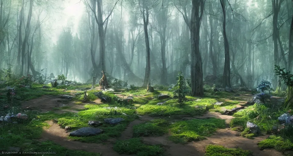 Prompt: Beautiful uplifting glade with elven pathmarkers along the road bg. J.R.R. Tolkien's Middle-Earth. Trending on Artstation. Digital illustration. Artwork by Darek Zabrocki and Sylvain Sarrailh. Concept art, Concept Design, Illustration, Marketing Illustration, 3ds Max, Blender, Keyshot, Unreal Engine, ZBrush, 3DCoat, World Machine, SpeedTree, 3D Modelling, Digital Painting, Matte Painting, Character Design, Environment Design, Game Design, After Effects, Maya, Photoshop.