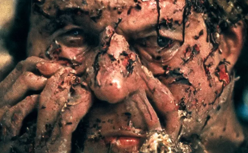 Image similar to a movie still of trashman by walerian borowczyk, portrait, kissing, heavy grain, technicolor, high definition, remastered, 3 5 mm, portrait, cinematic lightning, argentic, scratches, old, torned up