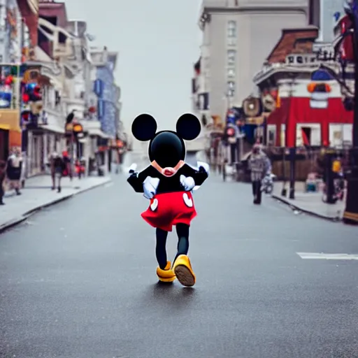 Image similar to Mickey mouse running through town scaring people, realistic, photograph