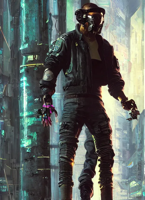 Image similar to Ezra. Cyberpunk mercenary in tactical gear climbing a security fence. rb6s, (Cyberpunk 2077), blade runner 2049, (matrix) Concept art by James Gurney, Craig Mullins and Alphonso Mucha. painting with Vivid color.