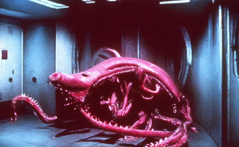 Image similar to peppa the pig infected by xenomorph from movie alien 1 9 7 9, staying at nostromo spaceship. extreme long shot, cinestill, giger, hermann nitsch, dark colors