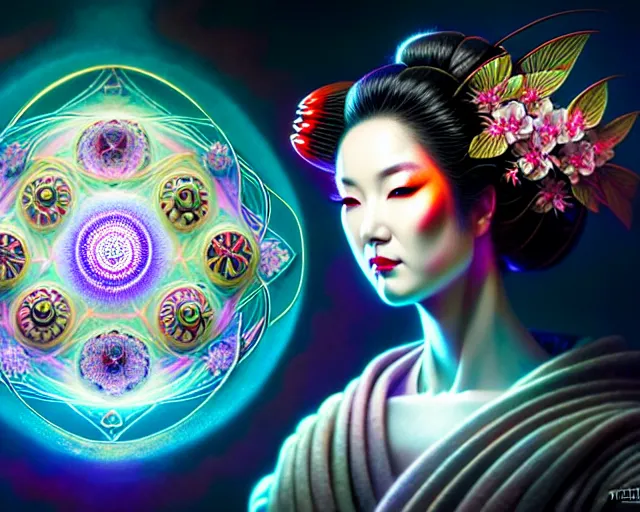 Image similar to a headshot of a geisha offset in the frame, surrounded by fractals, mandalas, cherry blossoms, hadron collider technology, metal gears, swirling bioluminescent energy, art by peter mohrbacher and dan mumford, 8 k octane render, hyperrealistic, zbrush, cinema 4 d