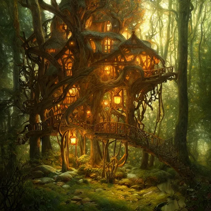 Image similar to cozy enchanted treehouse in ancient forest , diffuse lighting, fantasy, intricate, elegant, highly detailed, lifelike, photorealistic, digital painting, artstation, illustration, concept art, smooth, sharp focus, art by John Collier and Albert Aublet and Krenz Cushart and Artem Demura and Alphonse Mucha