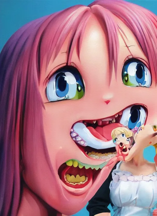 Image similar to a hyperrealistic oil panting of a kawaii anime girl figurine caricature with a big dumb grin featured on nickelodeon by dave mckean