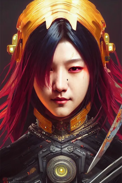 Prompt: painting of got 7 bam bam cyberpunk samurai smiling, ultra realistic, concept art, intricate details, eerie, highly detailed, photorealistic, octane render, 8 k, unreal engine. art by artgerm and greg rutkowski and magali villeneuve and alphonse mucha