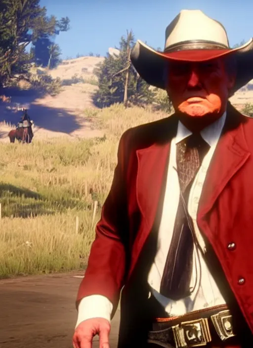 Prompt: film still of donald trump in red dead redemption 2 ( 2 0 1 8 video game )