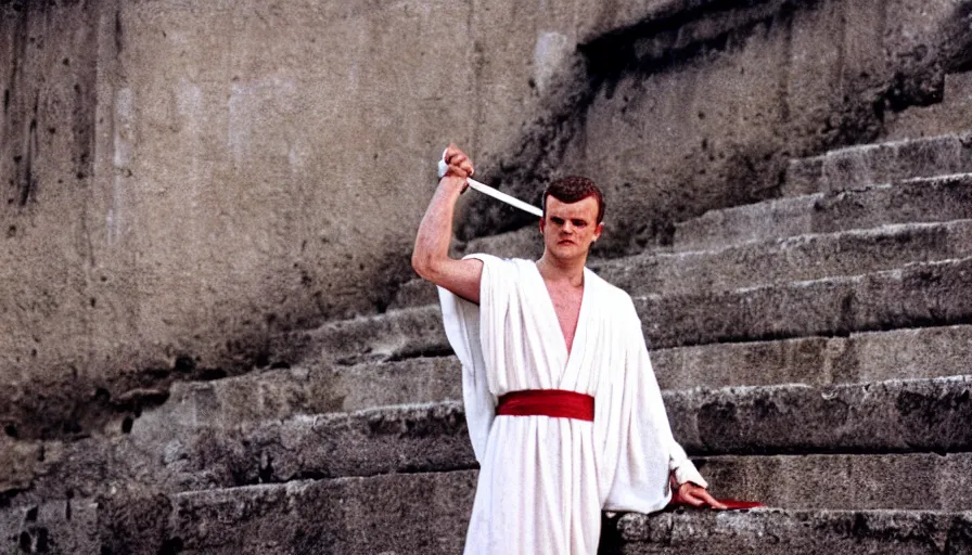 Prompt: 1 9 6 0 s movie still close - up of caligula in a white toga stabbed to death on ancient amphitheater's stairs, cinestill 8 0 0 t 3 5 mm, high quality, heavy grain, high detail, dramatic light, anamorphic, blood