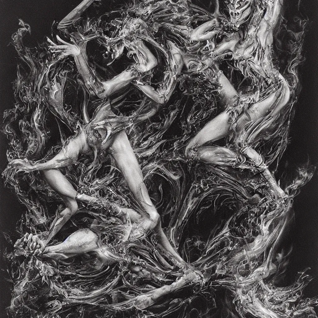 Image similar to a detailed demon ballerina leaving a trail of smoke in a pool of lava by h. r. giger