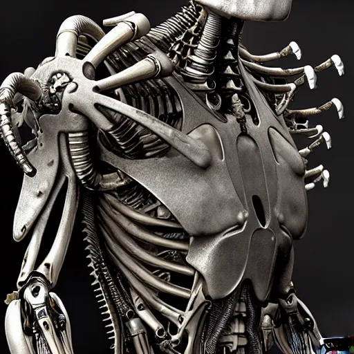 Image similar to biomechanical bone cyborg still frame from Prometheus movie by giger, undead king knight editorial by Malczewski, ornate war automaton construct by Peter Mohrbacherp